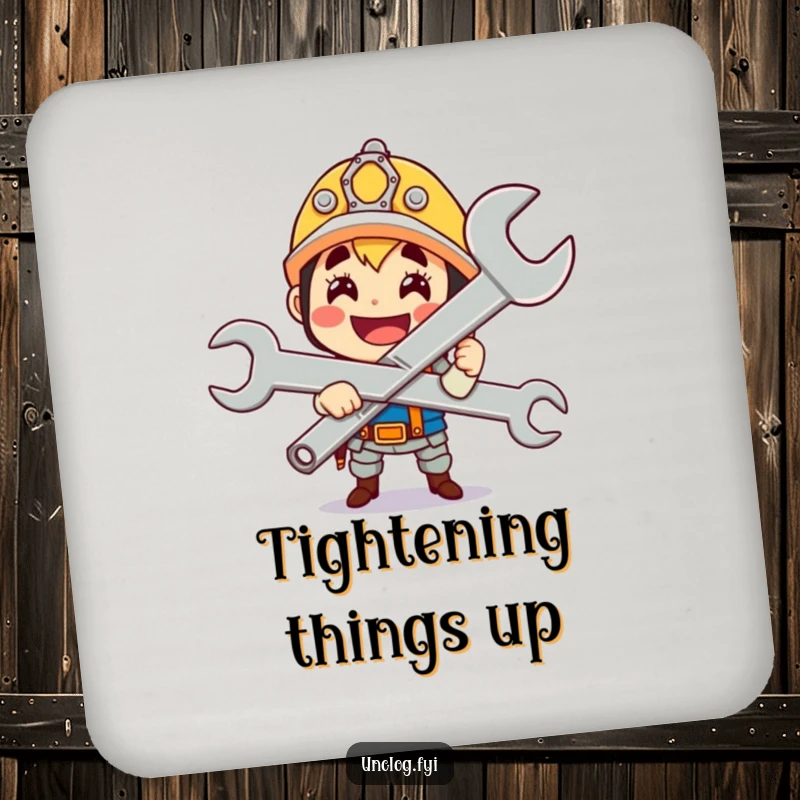 Funny cute character gleefully holding a giant wrench with a proud smile, printed on protective drink coasters.