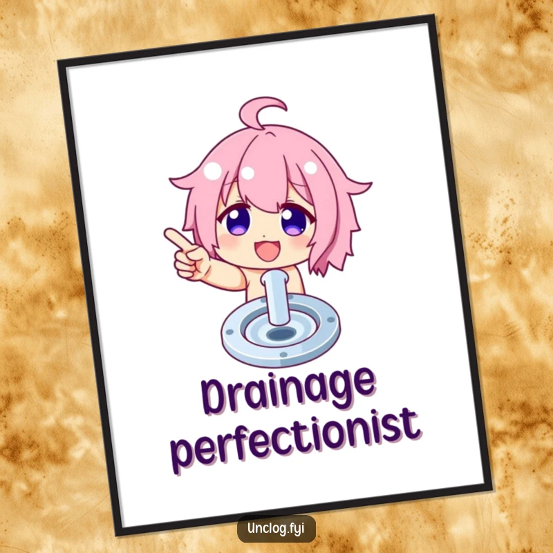 Funny poster of a character proudly showcasing a perfectly clean drain, celebrating the art of cleaning with a smile.