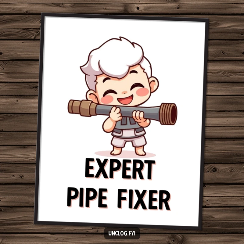 Funny poster featuring a smiling character's happy determination as they expertly tighten a pipe, bringing a humorous and encouraging vibe.