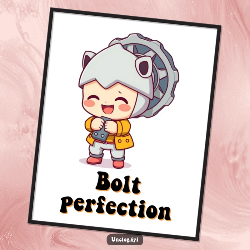 Cute character happily tightening a large bolt, depicted as cheerful artwork for a poster.