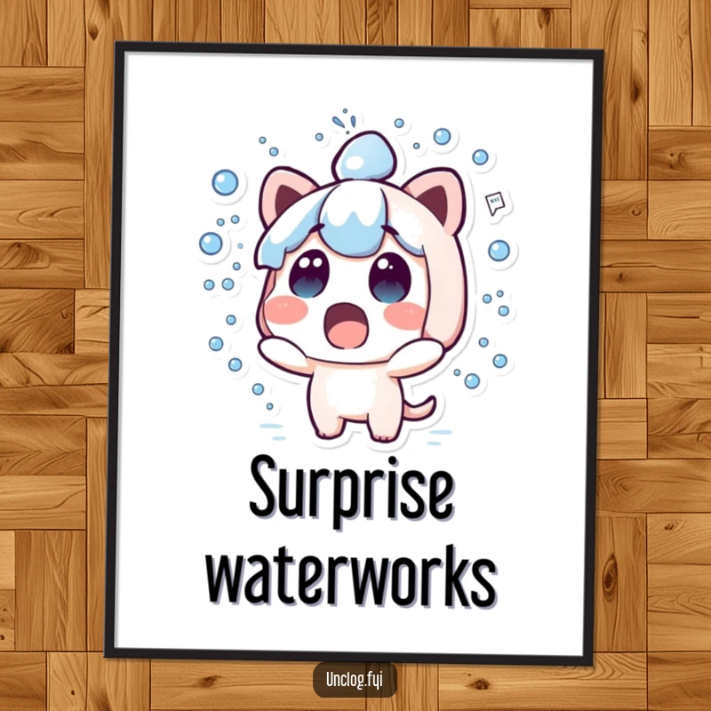 Funny kawaii poster illustrating a cute character with a surprised expression as water sprays everywhere.