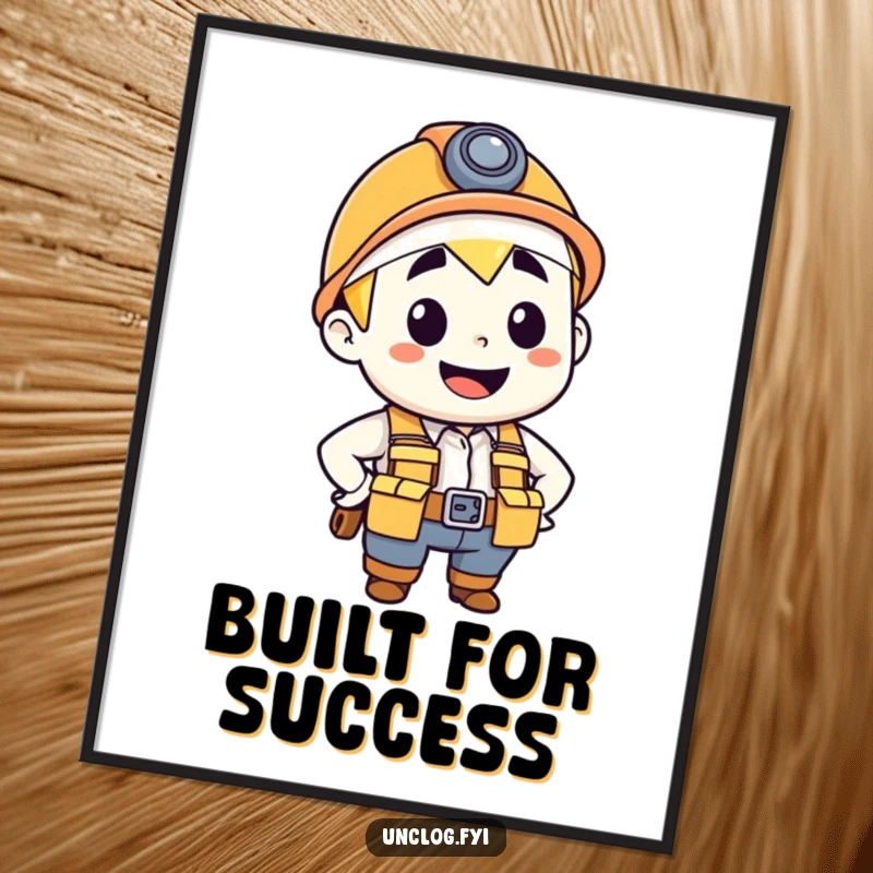 Funny poster of a happy plumber character in a tool belt, exuding confidence and a positive attitude.