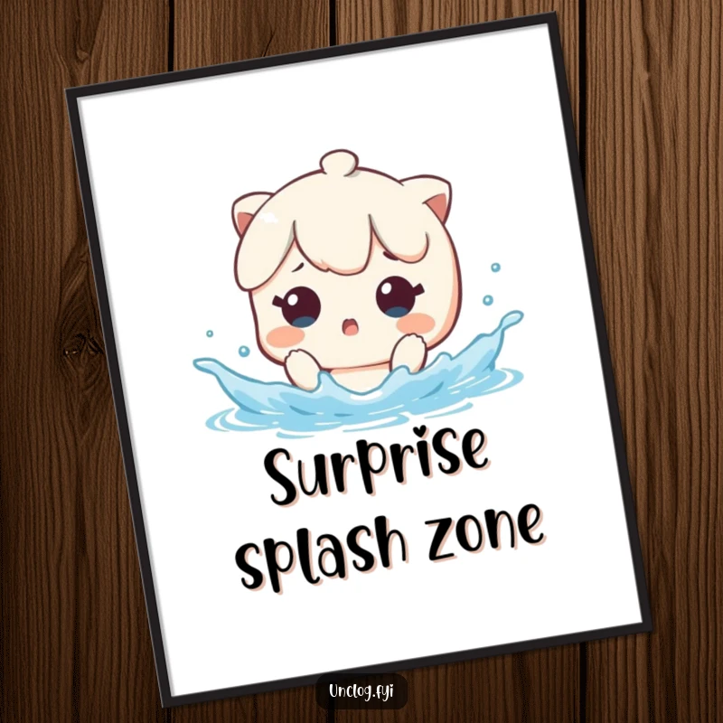 Funny Poster of a kawaii character looking surprised by a sudden water splash, perfect for humorous and whimsical wall decor.