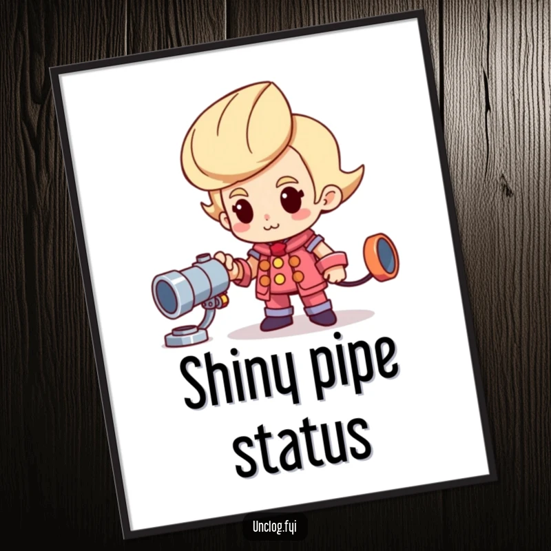 Funny poster of a proud character proudly standing next to a shiny new pipe, a humorous piece of wall art.