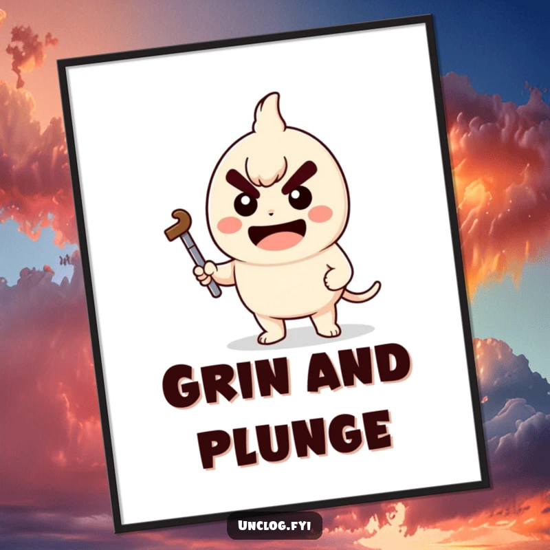 Funny Poster of a kawaii character holding a plunger with a determined grin, perfect for humorous and motivational wall decor.