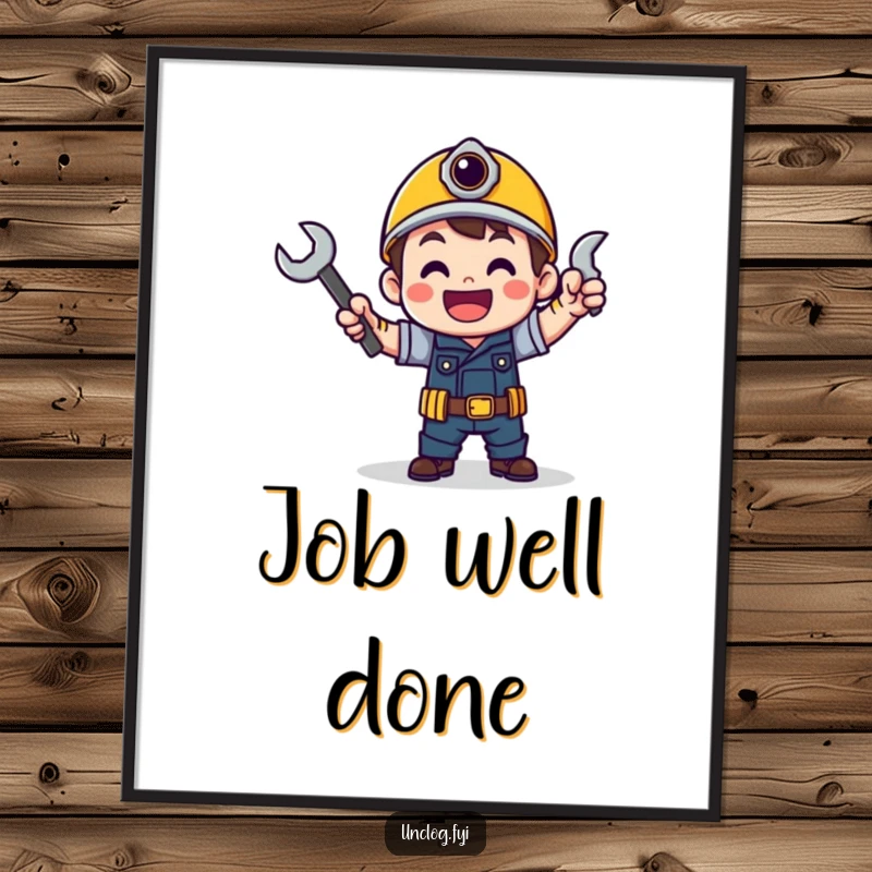 Funny poster of a character doing a victory dance with a wrench, celebrating accomplishment and skill.