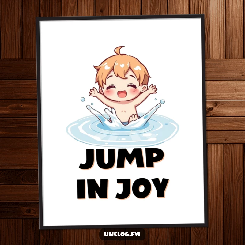 Funny Poster of a character joyfully splashing in a clean water puddle, highlighting pure delight and the simple pleasures of life.