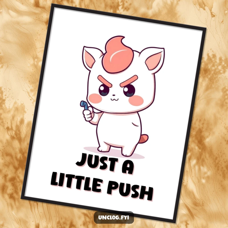 Funny Kawaii Poster of a determined cute character aggressively pushing a plunger, symbolizing perseverance and problem-solving.