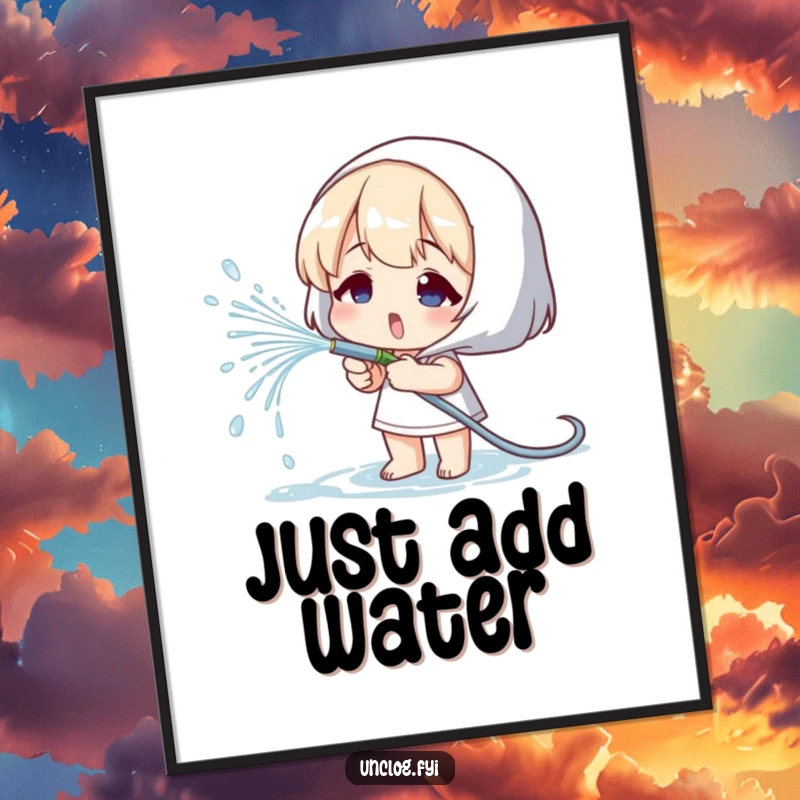 Funny poster of a character playfully spraying water from a small hose, adding a touch of garden whimsy.