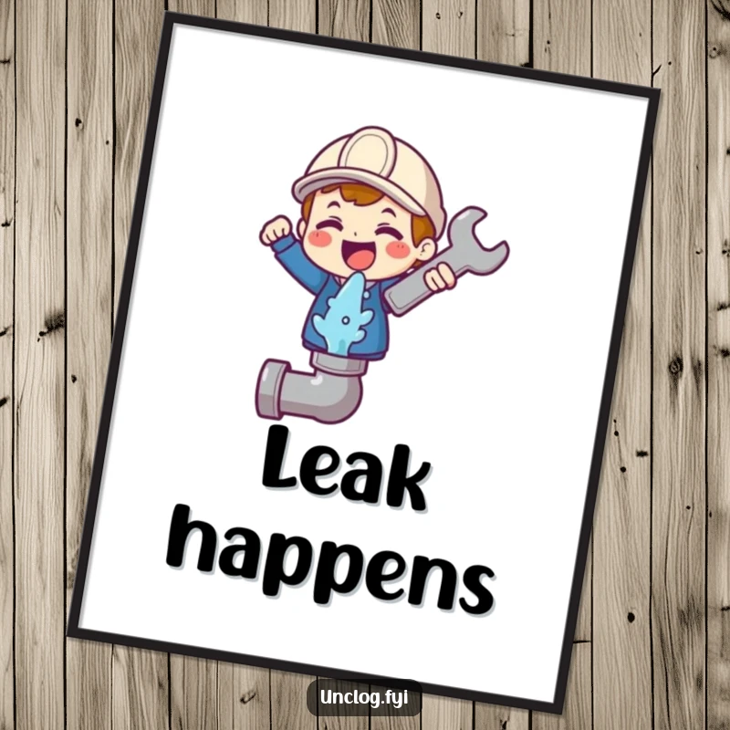 Funny poster art of a cute character gleefully holding a wrench above a gushing pipe icon, celebrating the art of repair.