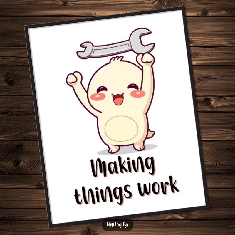 Funny Kawaii poster featuring a joyful character holding a wrench overhead, adding a cute, humorous, and empowering focal point to any room.