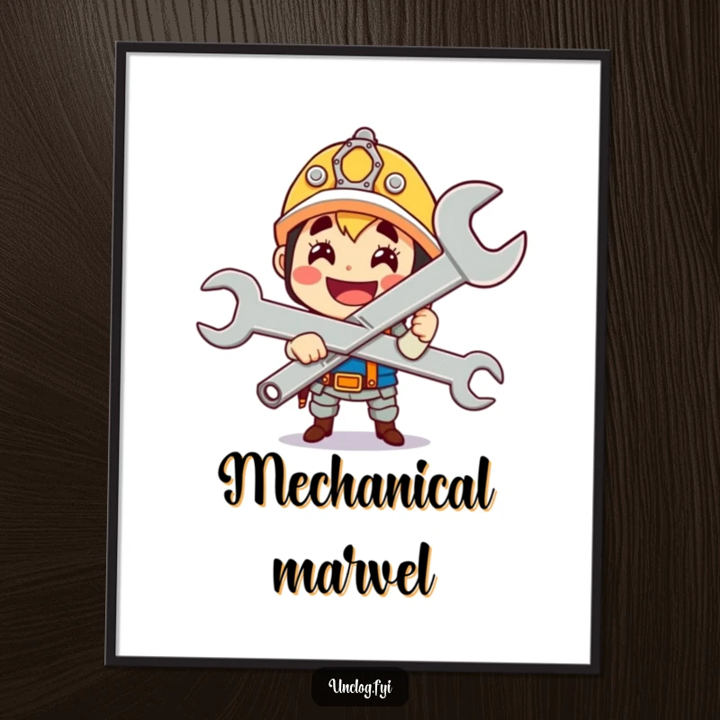 Funny cute character gleefully holding a giant wrench with a proud smile, presented as workshop wall art.