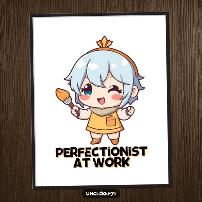 Funny poster art of a happy character using a tiny paintbrush for delicate art touch-ups, radiating creative energy and precision.