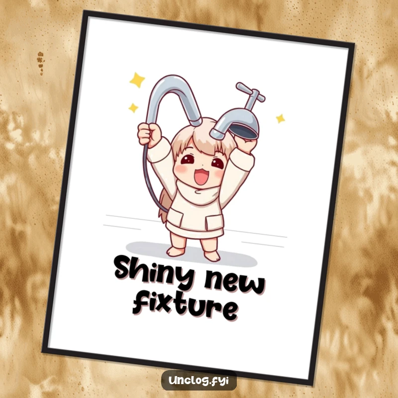 Funny poster of a character triumphantly holding a shiny new faucet, symbolizing achievement in home repair.