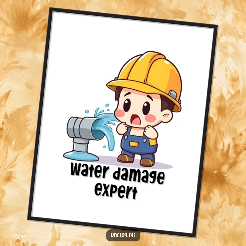 Funny poster depicting a character in a hard hat with wide eyes as a water pipe breaks and sprays water.