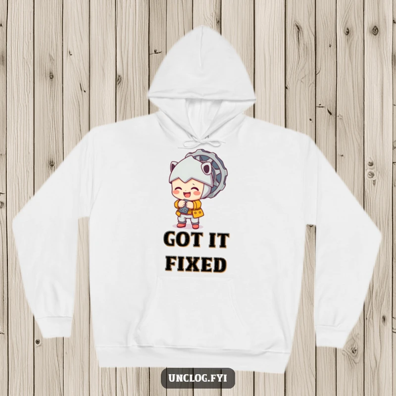 Cute character happily tightening a large bolt, featured on a soft and warm hoodie.