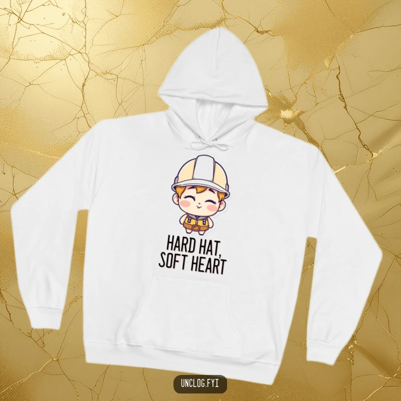 Funny character hoodie, wearing a hard hat and winking, offering warm, humorous confidence.
