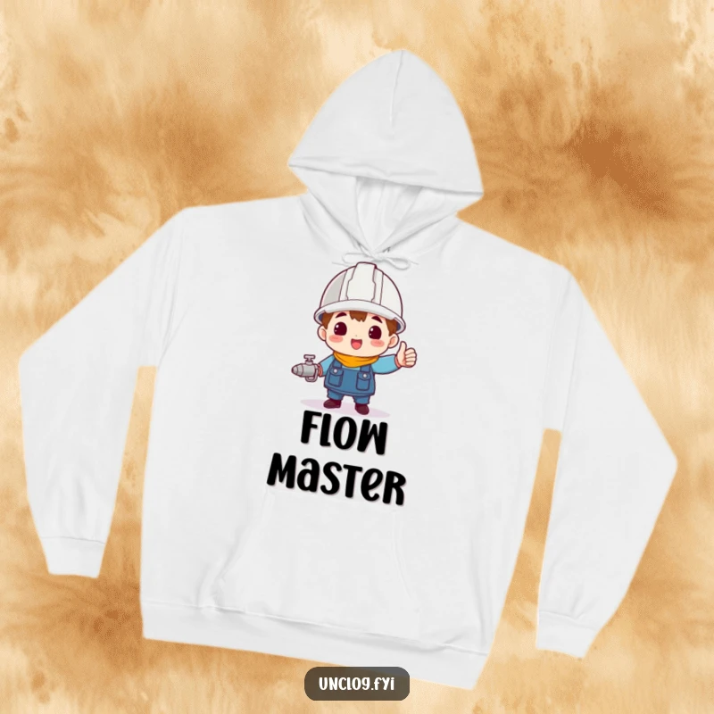 Funny character wearing a hard hat, triumphantly holding a spigot, featured on a cozy hoodie.
