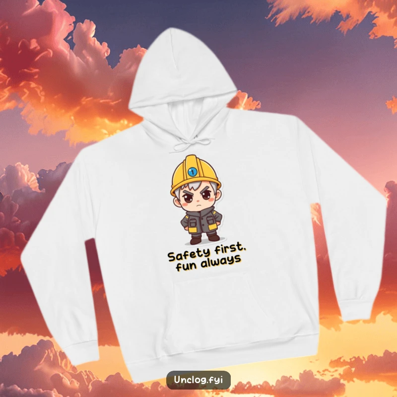 Funny hoodie featuring a character with a determined expression, wearing a small hard hat, symbolizing resilience and effort.