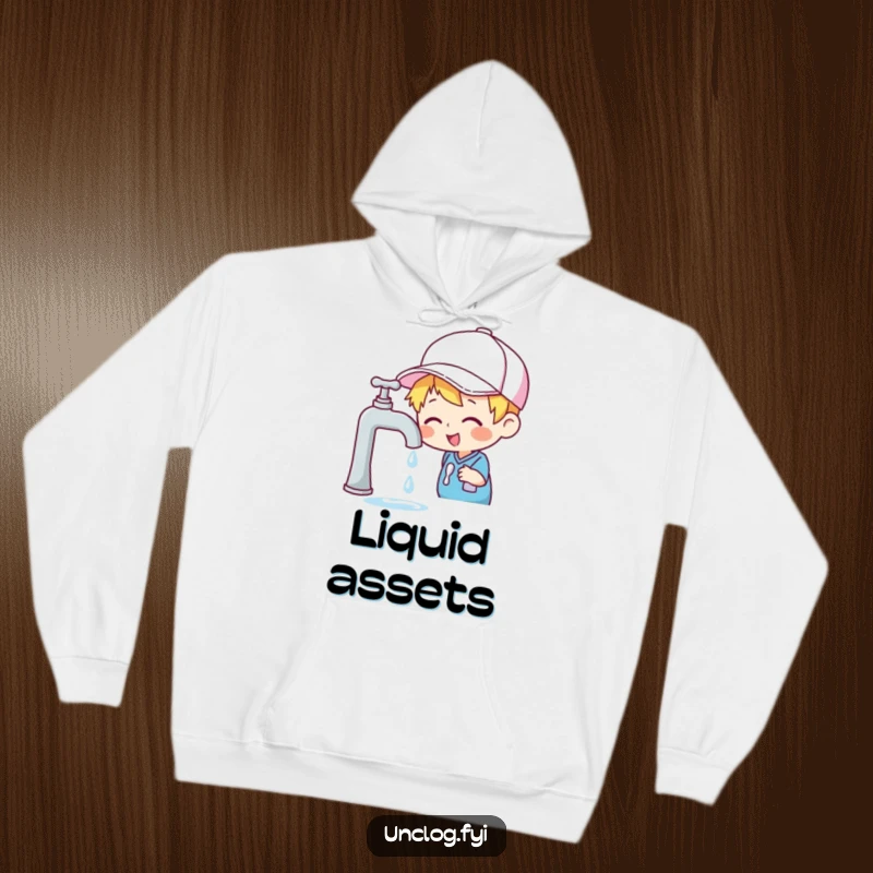 Funny hoodie featuring a cheerful character in a cap investigating a dripping faucet, symbolizing attention to detail with humor.