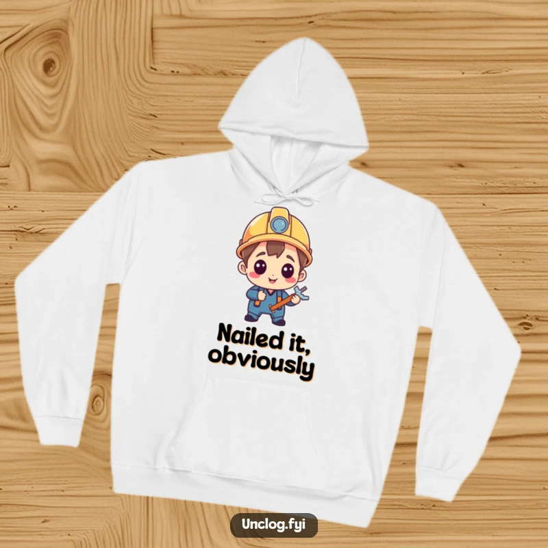 Funny Hoodie featuring a character in a hard hat, looking pleased with a completed repair, offering warmth and a sense of accomplishment.
