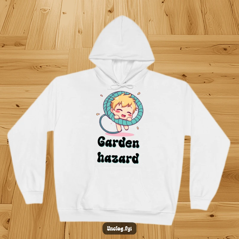 Funny hoodie depicting a character comically ensnared by a garden hosepipe, offering warmth and a humorous visual story.