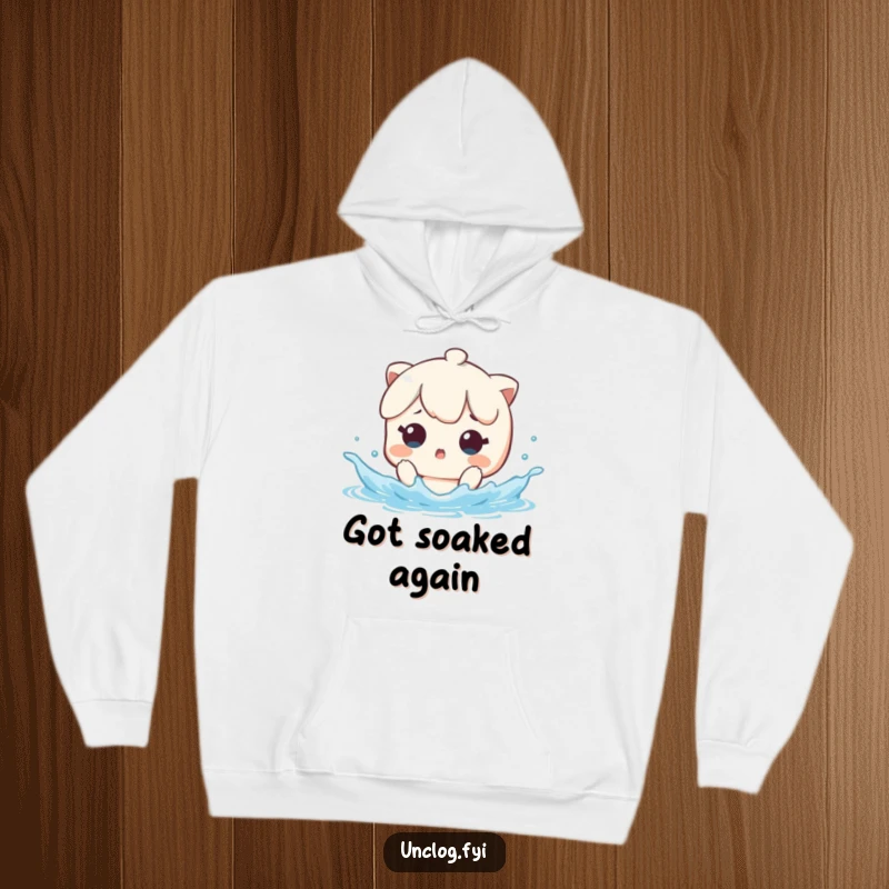 Funny Kawaii hoodie depicting a character looking surprised by a sudden water splash, perfect for cozy, humorous wear.
