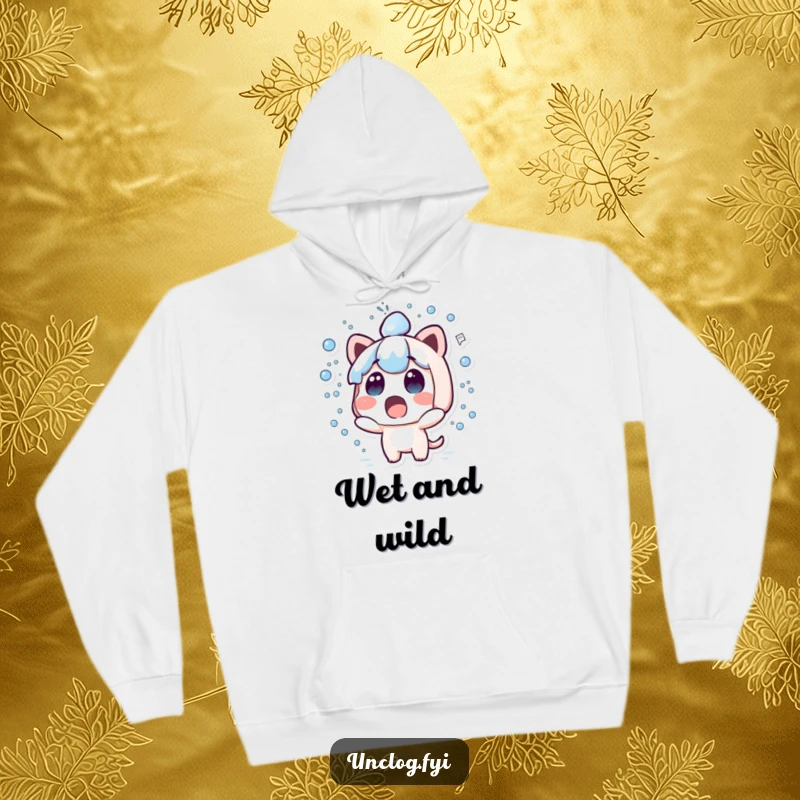 Funny kawaii hoodie showing a cute surprised character with water spraying out in all directions.