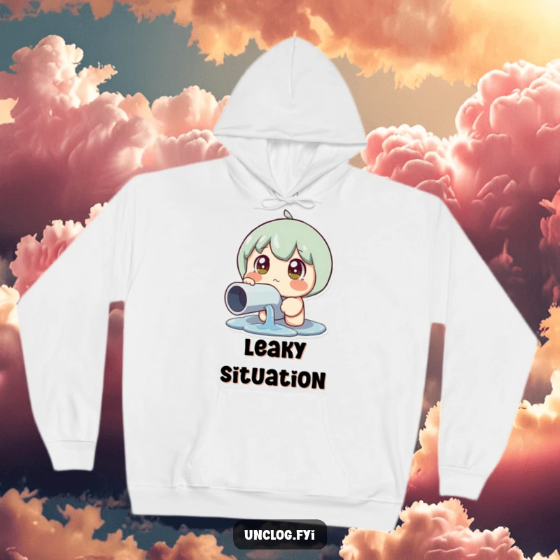 Funny Leaky Pipe Reaction Hoodie of a character with wide eyes looking at a leaky pipe, expressing relatable shock, awesome funny gift.