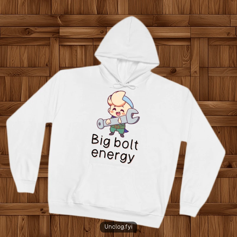 Funny hoodie featuring a character happily using a wrench to secure a large, oversized bolt.