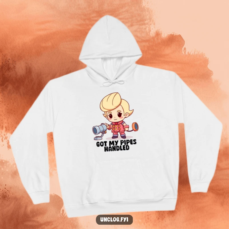 Funny hoodie showing a proud character next to a gleaming new pipe, a warm and humorous gift for plumbers.