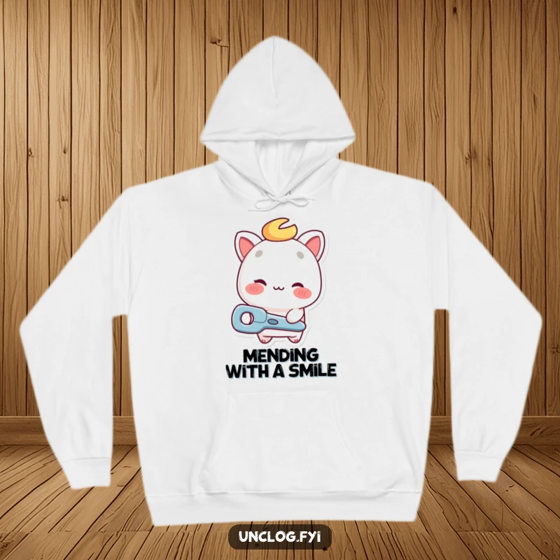 Funny repair guy hoodie featuring a helpful character winking and presenting a repair tool, designed for comfort.