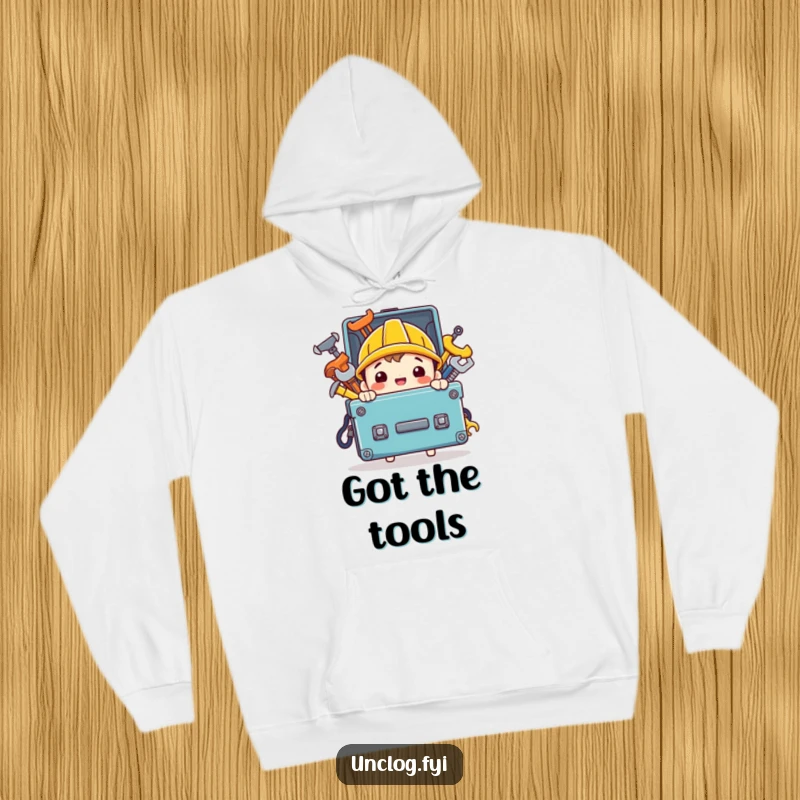 Funny hoodie with a happy character carrying a fully stocked toolbox, offering warmth and a spirit of craftsmanship.