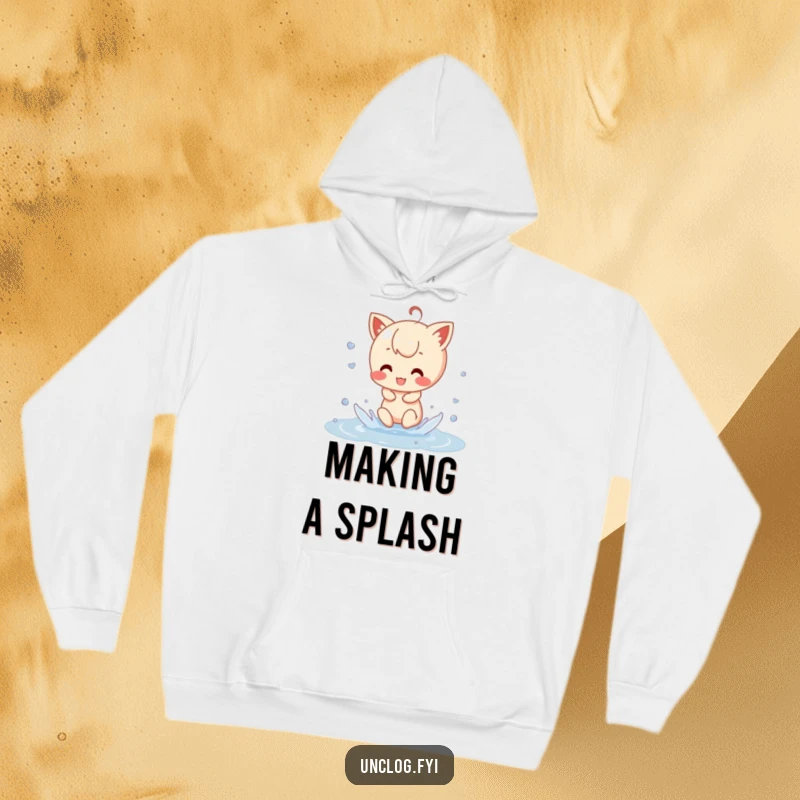Funny Hoodie depicting a character exuberantly splashing in a puddle, surrounded by joyful water droplets, radiating pure, unadulterated fun.