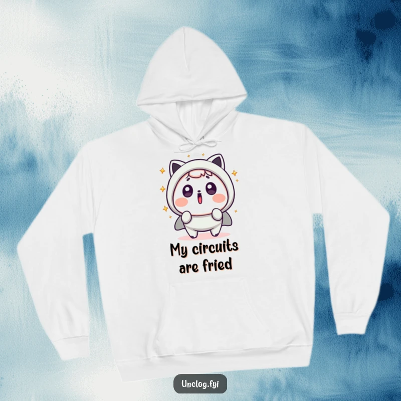 Funny Kawaii Hoodie showcasing a cute character with a startled face and dynamic sparks flying around, ideal for expressing surprise.