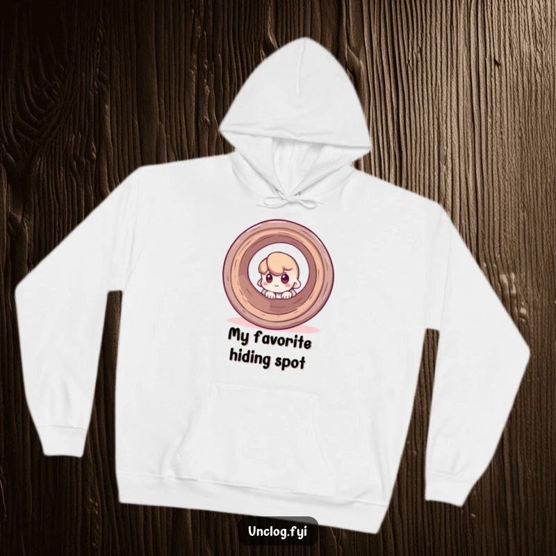 Funny hoodie featuring a character peeking curiously around a giant round pipe, offering comfort and a good laugh.