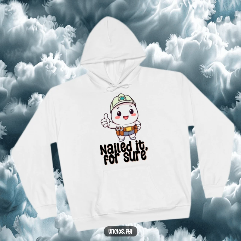 Funny Kawaii hoodie with a character giving a happy thumbs up while wearing a tool belt, perfect for cozy positivity.