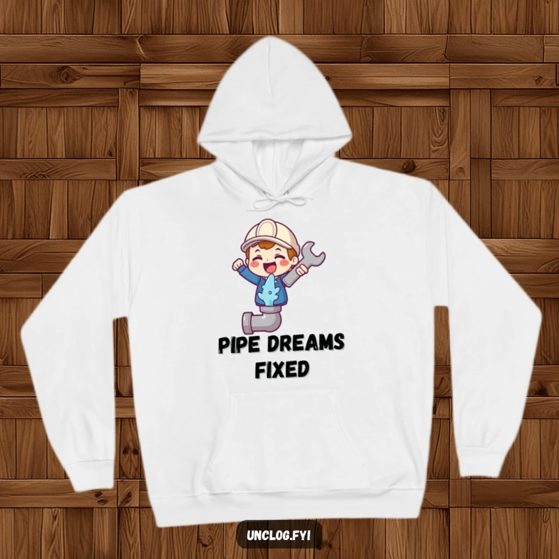 Funny hoodie with a cute character gleefully wielding a wrench above a gushing pipe, symbolizing competence and cheer.