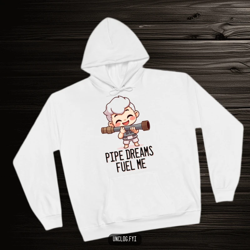 Funny hoodie with a smiling character demonstrating happy determination while expertly tightening a pipe, radiating positive energy and plumbing prowess.