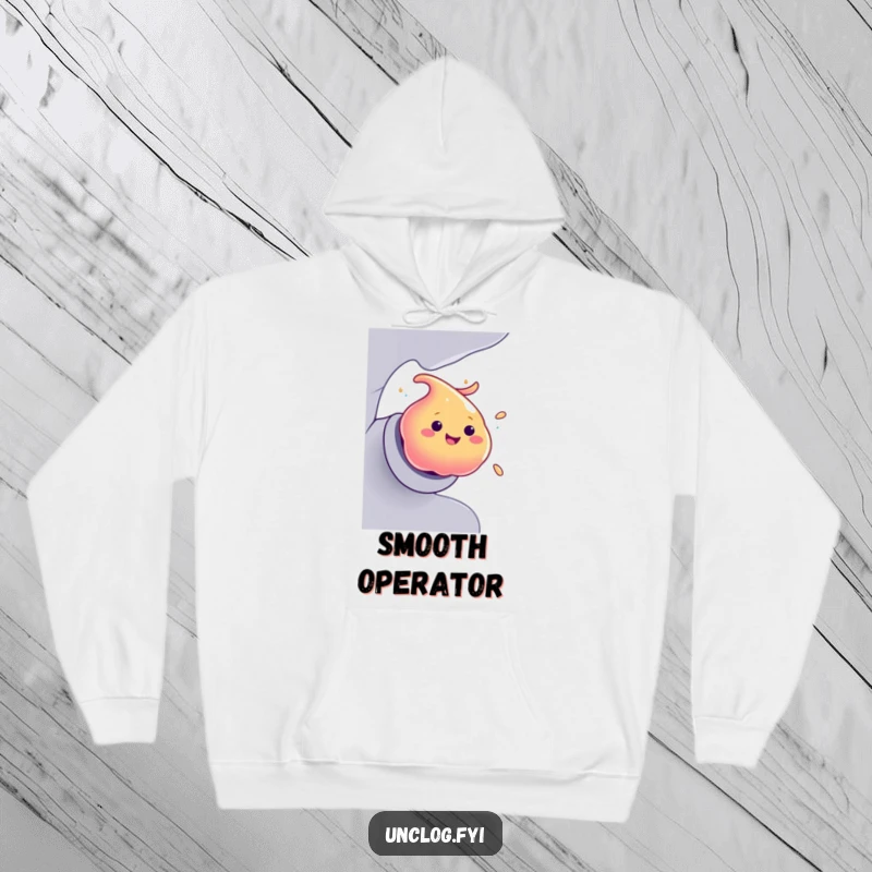 Funny Hoodie featuring a smiling, colorful blob of goo making a swift and humorous exit from a pipe.