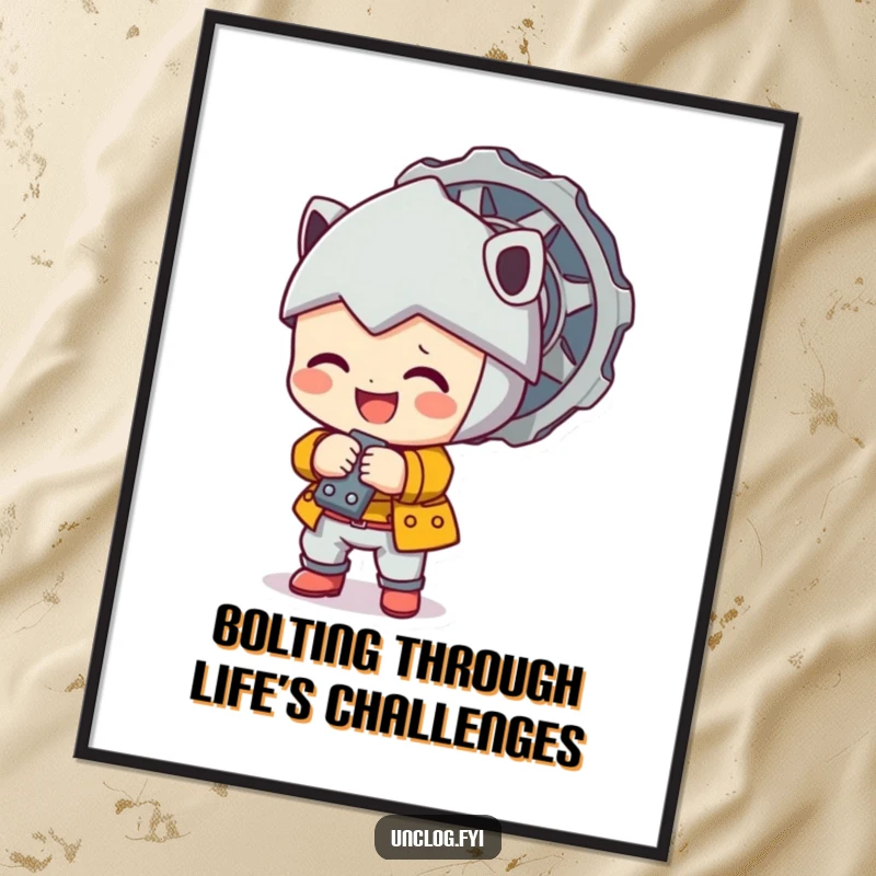 Cute Free Printable Wall Art depicting a character happily and precisely tightening a large bolt.