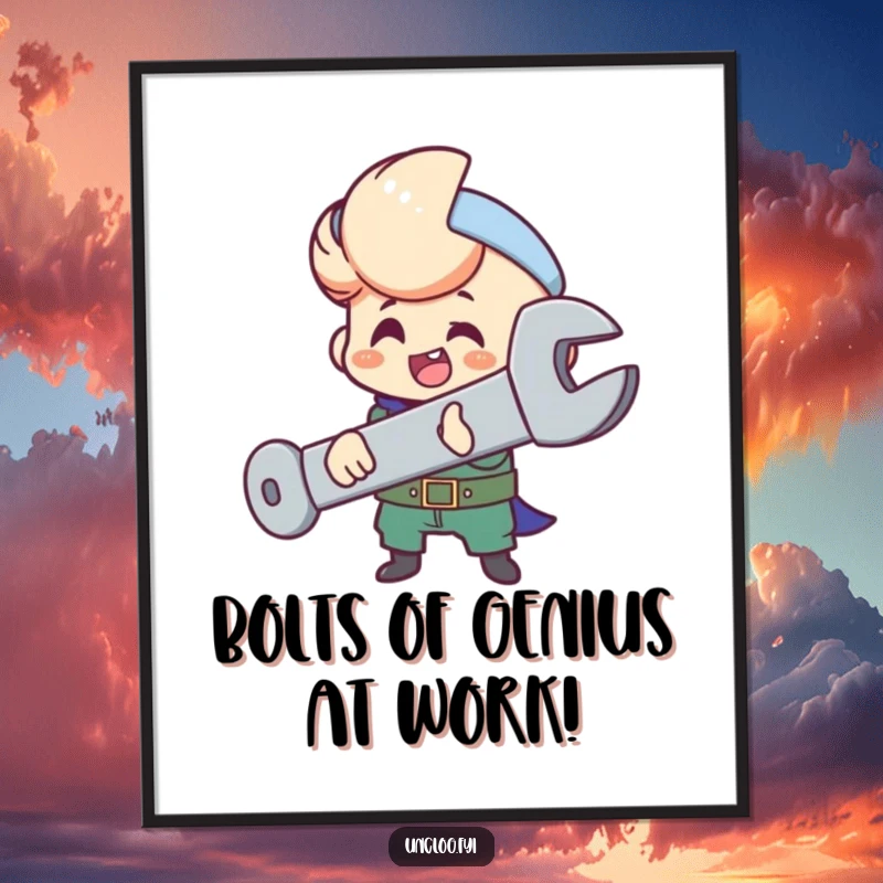 Funny free printable wall art of a character happily tightening a large, oversized bolt with a wrench, perfect for DIY lovers.