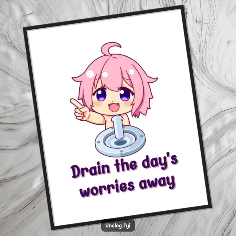 Funny Free Printable Wall Art: Character confidently points to a spotless, shining drain, representing accomplishment. Downloadable.