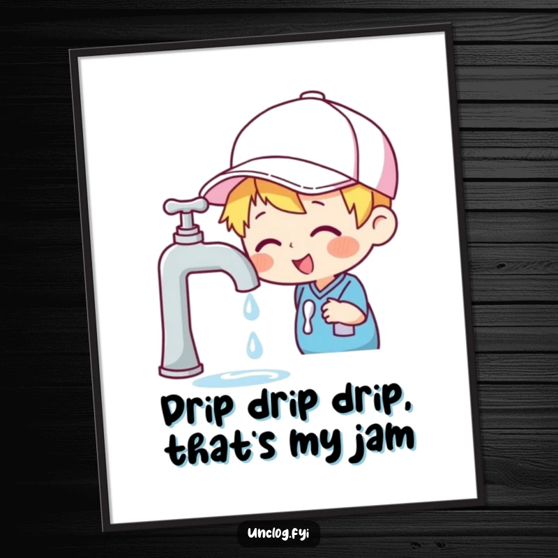 Funny Free Printable Wall Art: Character wearing a cap, cheerfully inspecting a dripping faucet, humorous home decor.