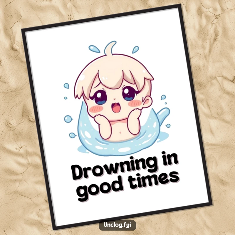 Funny Free Printable Wall Art: Character with a surprised smile looking at overflowing water, a chaotic and funny scene.