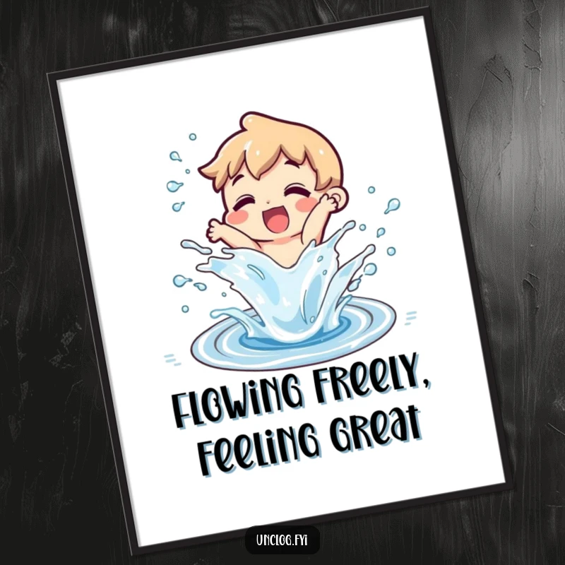 Funny Free Printable Wall Art: Character gleefully splashing water from a successfully unclogged drain. Humorous downloadable decor.