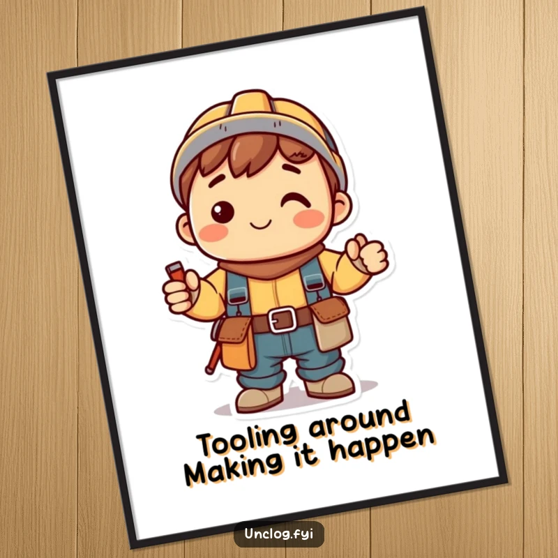 Funny Free Printable Kawaii Wall Art, a smiling character wearing a tool belt, ideal for workshops and DIY spaces.