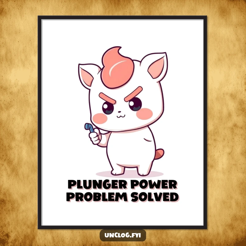 Funny Free Printable Kawaii Wall Art, a determined character pushing a plunger, adding quirky humor to decor.