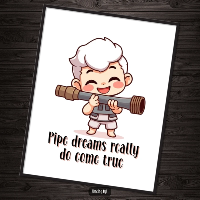 Funny Free Printable Wall Art: Smiling character expertly tightening a pipe with happy determination, a quirky home decor piece.