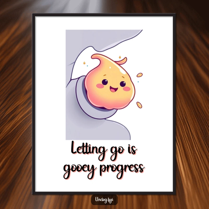 Funny free printable wall art illustrating a smiling, colorful goo blob making a swift and amusing exit from a pipe.